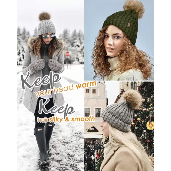 FURTALK Womens Winter Beanie Hat Satin Lined Faux Fur Pom Pom Beanies Hat for Women Winter Warm Knit Hats