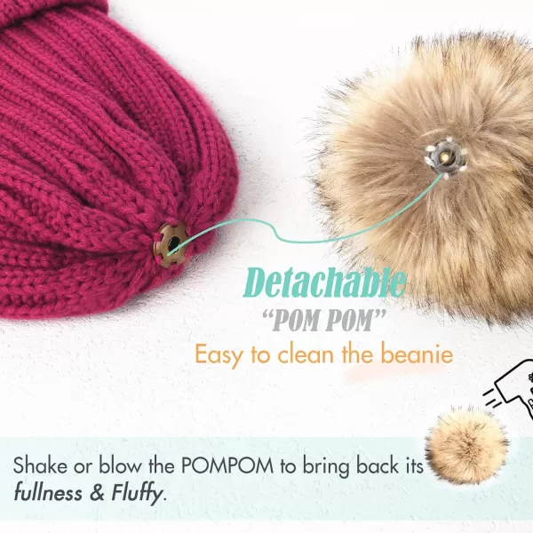 FURTALK Womens Winter Beanie Hat Satin Lined Faux Fur Pom Pom Beanies Hat for Women Winter Warm Knit Hats