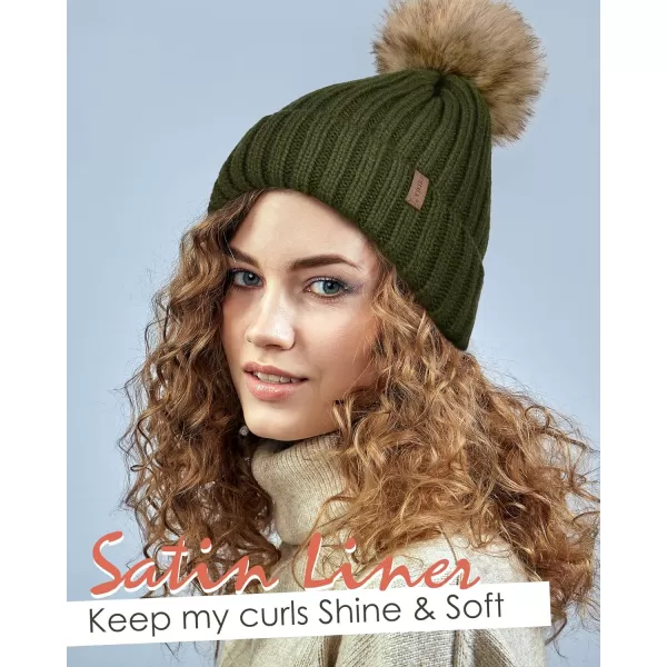 FURTALK Womens Winter Beanie Hat Satin Lined Faux Fur Pom Pom Beanies Hat for Women Winter Warm Knit Hats