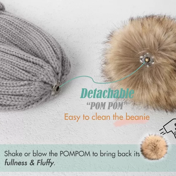 FURTALK Womens Winter Beanie Hat Satin Lined Faux Fur Pom Pom Beanies Hat for Women Winter Warm Knit Hats