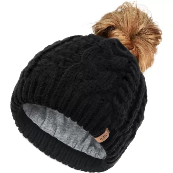 FURTALK Ponytail Beanies for Women Messy Bun Winter Hat with Tail Hole Cotton Lined Knit Skull Beanie Outdoor Runner Cap