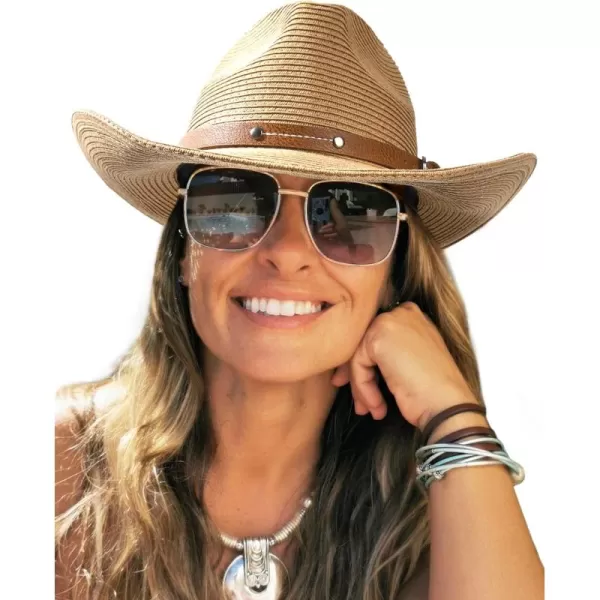 FURTALK Straw Cowboy Sun Hats for Women Men Western Cowgirl Hats with Wind Lanyard UPF 50+ Beach Hat