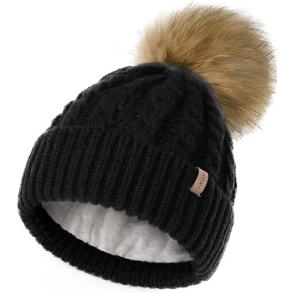 FURTALK Winter Beanie Hat for Women Cotton Lined Faux Fur Pom Pom Hats Womens Warm Thick Knit Skull Cap