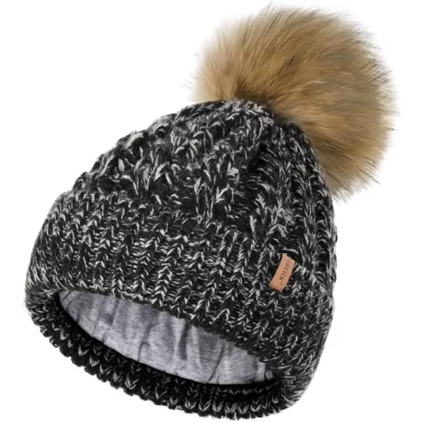 FURTALK Winter Beanie Hat for Women Cotton Lined Faux Fur Pom Pom Hats Womens Warm Thick Knit Skull Cap