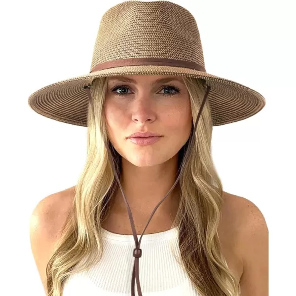 FURTALK Womens Summer Straw Sun Hats Wide Brim Panama Fedora Beach Hat with Wind Lanyard UPF 50+