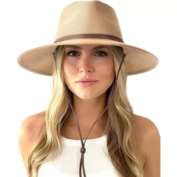 FURTALK Womens Summer Straw Sun Hats Wide Brim Panama Fedora Beach Hat with Wind Lanyard UPF 50+