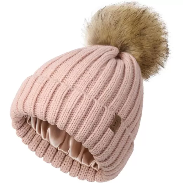 FURTALK Womens Winter Beanie Hat Satin Lined Faux Fur Pom Pom Beanies Hat for Women Winter Warm Knit Hats
