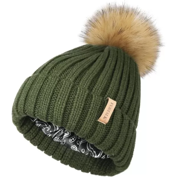 FURTALK Womens Winter Beanie Hat Satin Lined Faux Fur Pom Pom Beanies Hat for Women Winter Warm Knit Hats