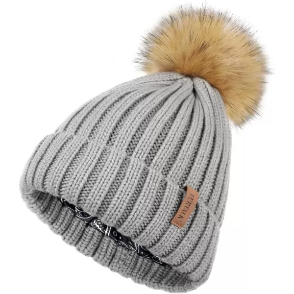 FURTALK Womens Winter Beanie Hat Satin Lined Faux Fur Pom Pom Beanies Hat for Women Winter Warm Knit Hats
