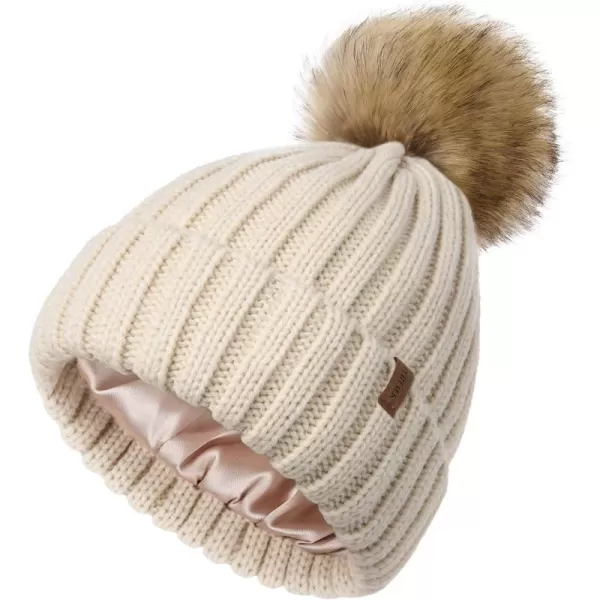 FURTALK Womens Winter Beanie Hat Satin Lined Faux Fur Pom Pom Beanies Hat for Women Winter Warm Knit Hats