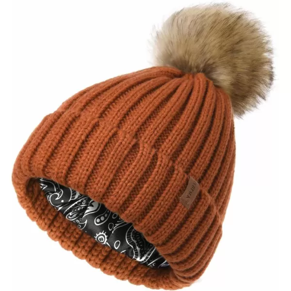 FURTALK Womens Winter Beanie Hat Satin Lined Faux Fur Pom Pom Beanies Hat for Women Winter Warm Knit Hats