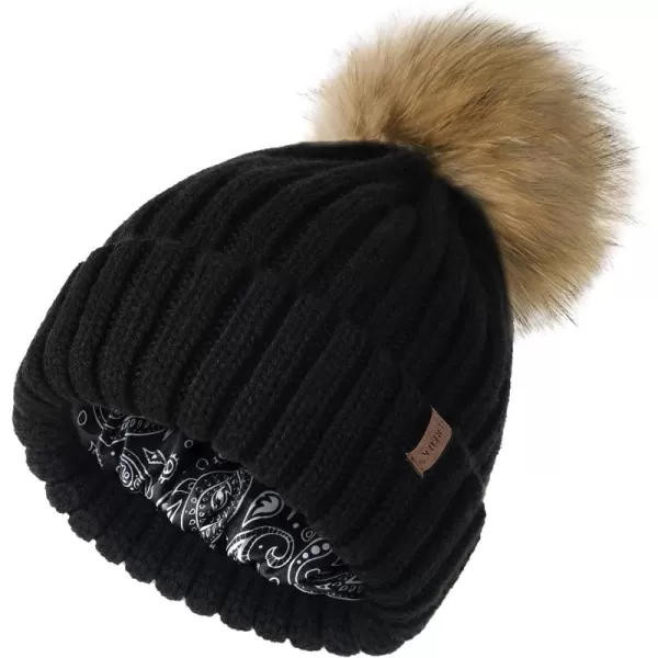 FURTALK Womens Winter Beanie Hat Satin Lined Faux Fur Pom Pom Beanies Hat for Women Winter Warm Knit Hats