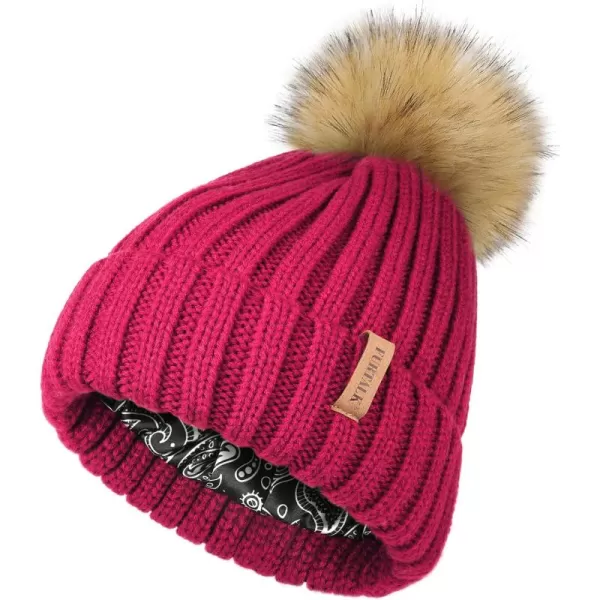 FURTALK Womens Winter Beanie Hat Satin Lined Faux Fur Pom Pom Beanies Hat for Women Winter Warm Knit Hats