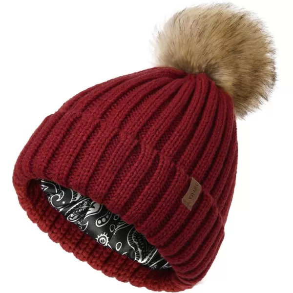 FURTALK Womens Winter Beanie Hat Satin Lined Faux Fur Pom Pom Beanies Hat for Women Winter Warm Knit Hats