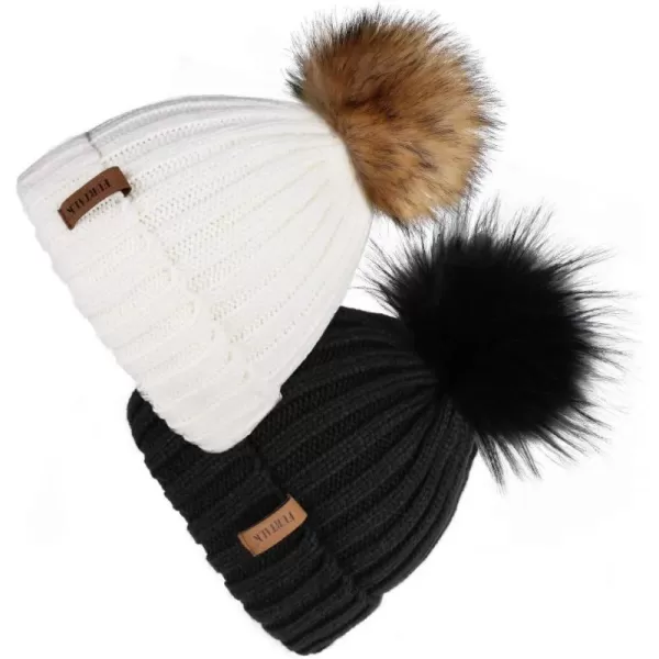 FURTALK Womens Winter Knitted Beanie Hat with Faux Fur Pom 2 Packs Warm Knit Skull Cap Beanie for Women…