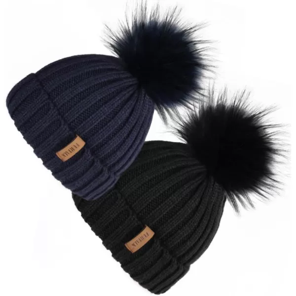 FURTALK Womens Winter Knitted Beanie Hat with Faux Fur Pom 2 Packs Warm Knit Skull Cap Beanie for Women…