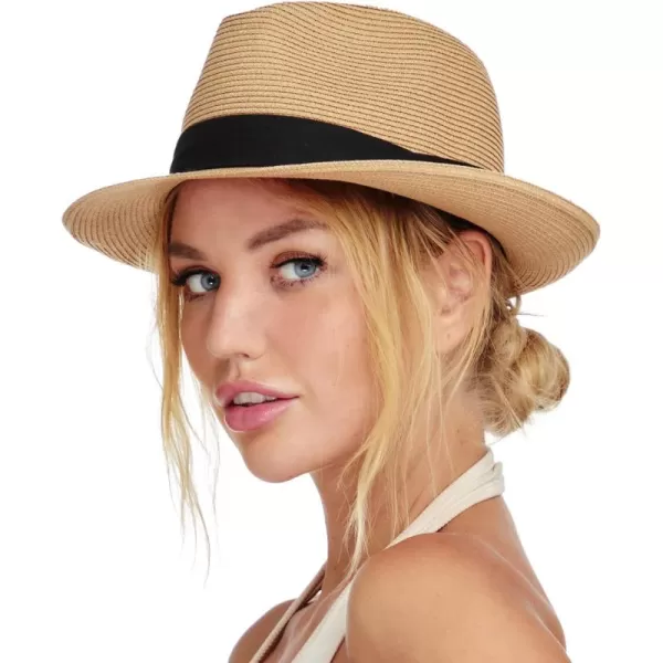 Straw Fedora Sun Hats for Women Men Summer Sun Beach Hat Packable Short Brim Roll Up Straw Panama Fedora Hat
