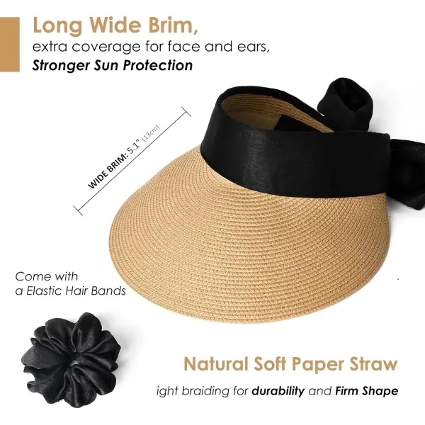 FURTALK Straw Sun Visor Hats for Women Summer Beach Sun Hat Packable UPF 50 Sun Protection Travel Hat with Big Tie