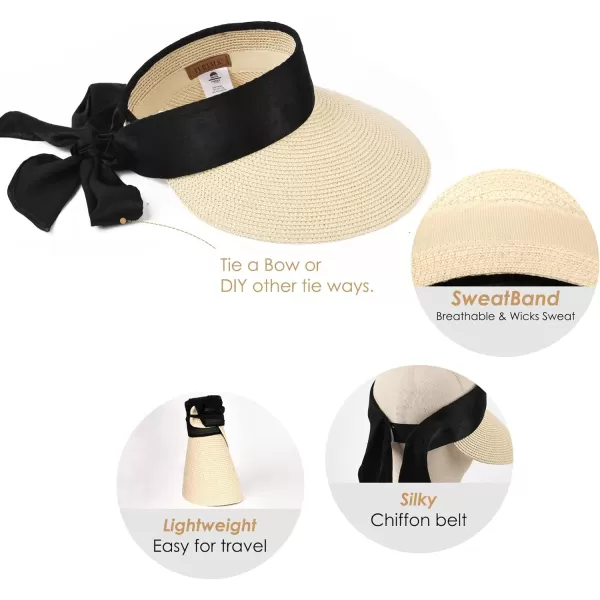 FURTALK Straw Sun Visor Hats for Women Summer Beach Sun Hat Packable UPF 50 Sun Protection Travel Hat with Big Tie