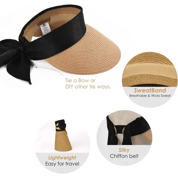 FURTALK Straw Sun Visor Hats for Women Summer Beach Sun Hat Packable UPF 50 Sun Protection Travel Hat with Big Tie