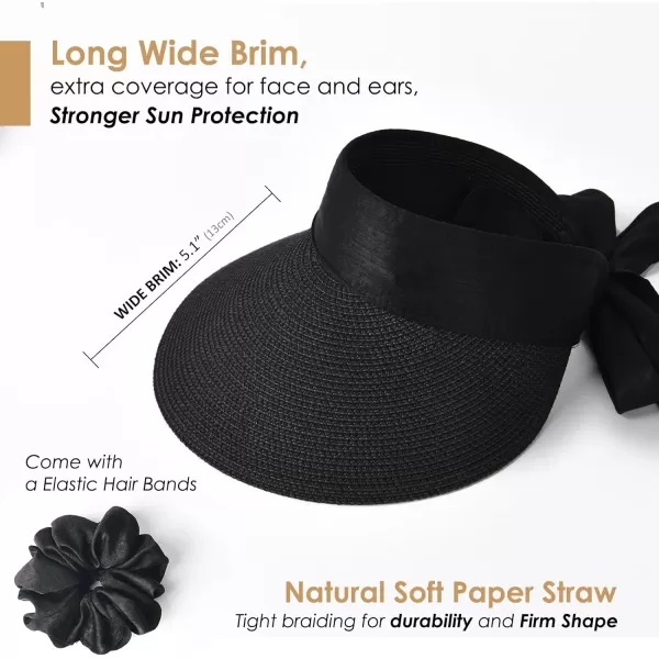 FURTALK Straw Sun Visor Hats for Women Summer Beach Sun Hat Packable UPF 50 Sun Protection Travel Hat with Big Tie
