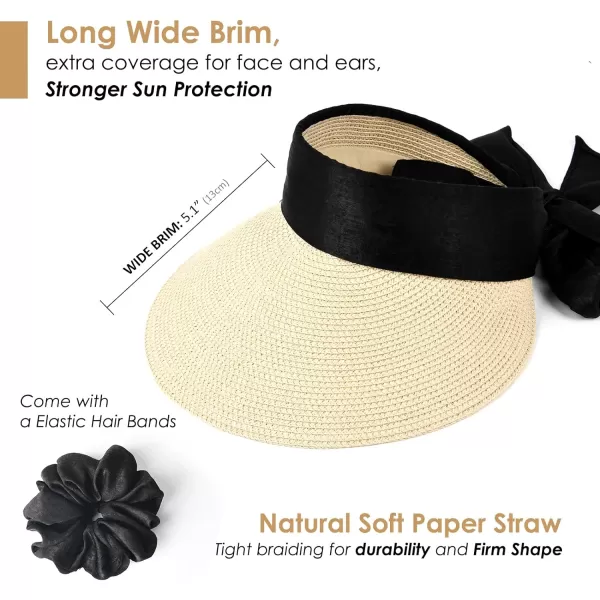 FURTALK Straw Sun Visor Hats for Women Summer Beach Sun Hat Packable UPF 50 Sun Protection Travel Hat with Big Tie