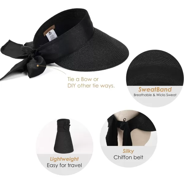 FURTALK Straw Sun Visor Hats for Women Summer Beach Sun Hat Packable UPF 50 Sun Protection Travel Hat with Big Tie