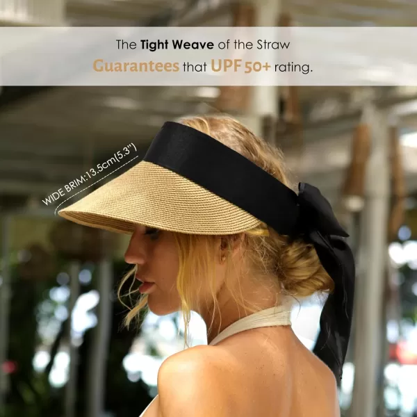 FURTALK Straw Sun Visor Hats for Women Summer Beach Sun Hat Packable UPF 50 Sun Protection Travel Hat with Big Tie