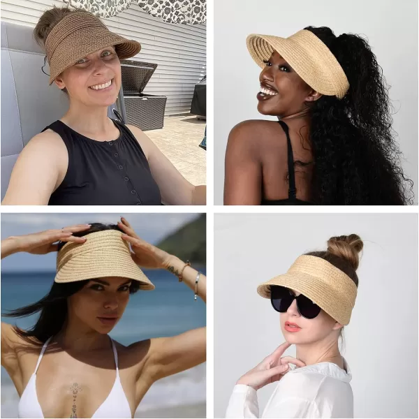 FURTALK Sun Visor Hats for Women Wide Brim Straw Visors Womens Foldable Beach Visors Summer Roll Up Ponytail Beach Hat