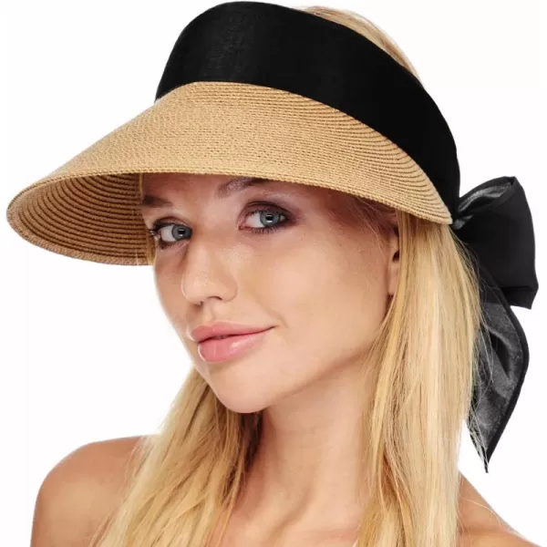 FURTALK Straw Sun Visor Hats for Women Summer Beach Sun Hat Packable UPF 50 Sun Protection Travel Hat with Big Tie