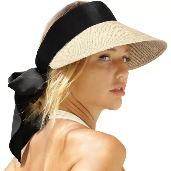 FURTALK Straw Sun Visor Hats for Women Summer Beach Sun Hat Packable UPF 50 Sun Protection Travel Hat with Big Tie