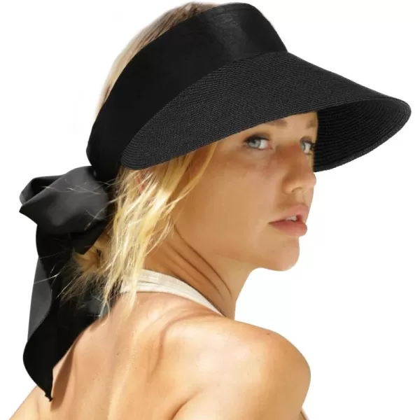 FURTALK Straw Sun Visor Hats for Women Summer Beach Sun Hat Packable UPF 50 Sun Protection Travel Hat with Big Tie