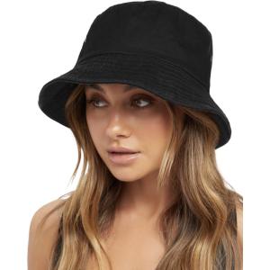 imageFURTALK Bucket Hats for Women Washed Cotton Packable Summer Beach Sun Hats Mens Womens Bucket Hat with Strings for TravelBlack