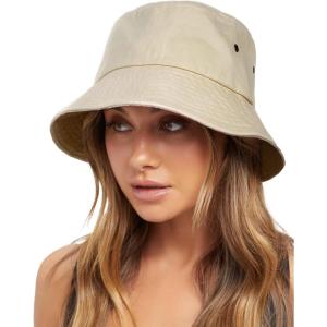 imageFURTALK Bucket Hats for Women Washed Cotton Packable Summer Beach Sun Hats Mens Womens Bucket Hat with Strings for TravelLight Khaki