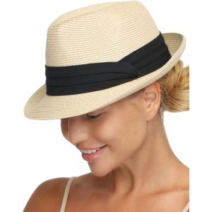 imageFURTALK Fedora Straw Sun Hat for Men Women Foldable Roll Up Short Brim Trilby Hat Panama Beach Hat UPF 50Beige