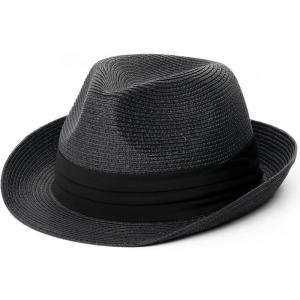 imageFURTALK Fedora Straw Sun Hat for Men Women Foldable Roll Up Short Brim Trilby Hat Panama Beach Hat UPF 50Black