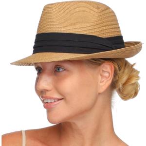 imageFURTALK Fedora Straw Sun Hat for Men Women Foldable Roll Up Short Brim Trilby Hat Panama Beach Hat UPF 50Khaki