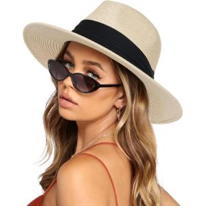 imageFURTALK Womens Mens Wide Brim Straw Panama Hat Fedora Summer Beach Sun Hat UPF Straw Hat for WomenAbbeige