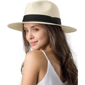 imageFURTALK Womens Mens Wide Brim Straw Panama Hat Fedora Summer Beach Sun Hat UPF Straw Hat for WomenAccream White