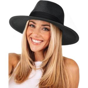 imageFURTALK Womens Mens Wide Brim Straw Panama Hat Fedora Summer Beach Sun Hat UPF Straw Hat for WomenBlack