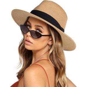 imageFURTALK Womens Mens Wide Brim Straw Panama Hat Fedora Summer Beach Sun Hat UPF Straw Hat for WomenKhaki