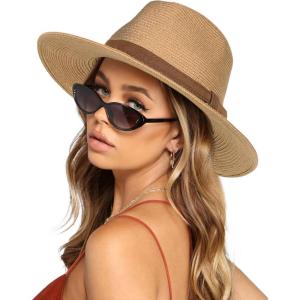 imageFURTALK Womens Mens Wide Brim Straw Panama Hat Fedora Summer Beach Sun Hat UPF Straw Hat for WomenKhakiBrown