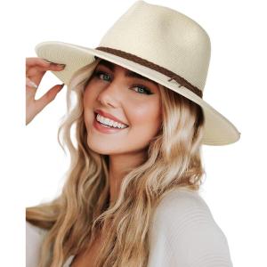 imageFURTALK Sun Hats for Women Summer Wide Brim UV UPF 80 Panama Fedora Foldable Packable Straw Beach HatIvory