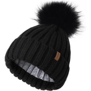 imageFURTALK Kids Winter Hat Toddler Knitted Pom Beanie Hat Cotton Lined Faux Fur Pom Pom Cap Baby Girls Boys Beanies05 Black With Black Pom