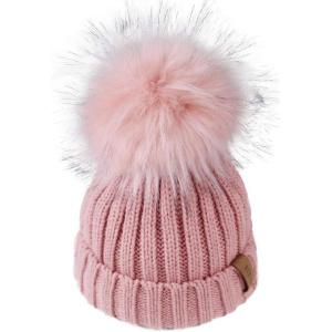 imageFURTALK Kids Winter Hat Toddler Knitted Pom Beanie Hat Cotton Lined Faux Fur Pom Pom Cap Baby Girls Boys Beanies08 Pink With Pink Pom