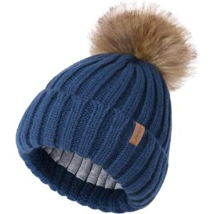 imageFURTALK Kids Winter Hat Toddler Knitted Pom Beanie Hat Cotton Lined Faux Fur Pom Pom Cap Baby Girls Boys Beanies16 Blue