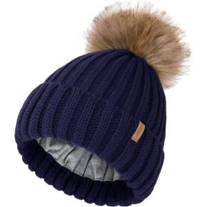 imageFURTALK Kids Winter Hat Toddler Knitted Pom Beanie Hat Cotton Lined Faux Fur Pom Pom Cap Baby Girls Boys Beanies20 Navy