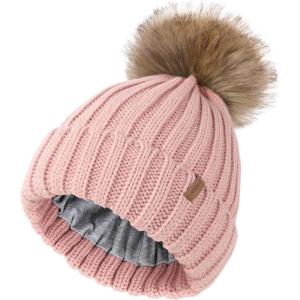 imageFURTALK Kids Winter Hat Toddler Knitted Pom Beanie Hat Cotton Lined Faux Fur Pom Pom Cap Baby Girls Boys BeaniesLight Pink