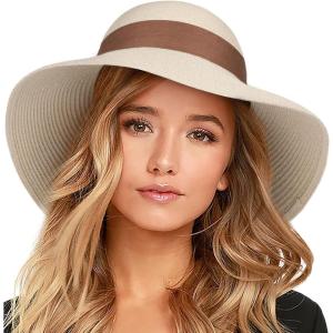 imageFURTALK Womens Beach Sun Straw Hat UV UPF 80 Travel Foldable Brim Summer UV HatBeigered Brown