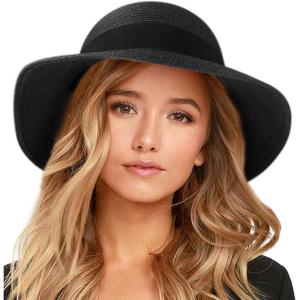 imageFURTALK Womens Beach Sun Straw Hat UV UPF 80 Travel Foldable Brim Summer UV HatBlack